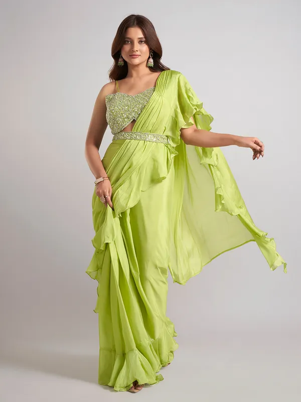 Mint green silk saree with ready made blouse