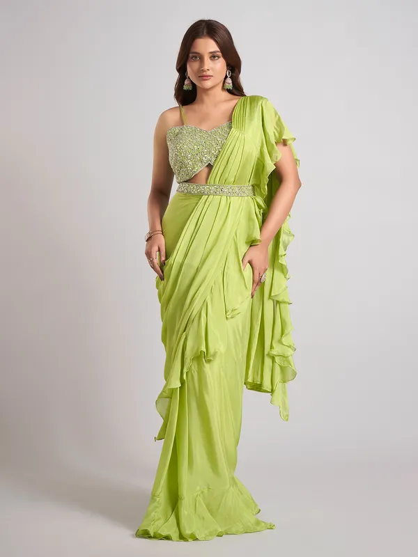 Mint green silk saree with ready made blouse
