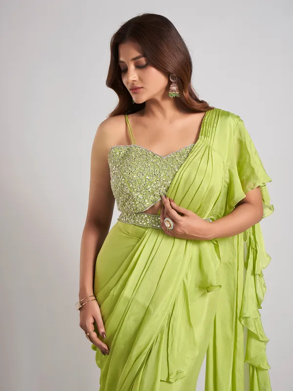 Mint green silk saree with ready made blouse