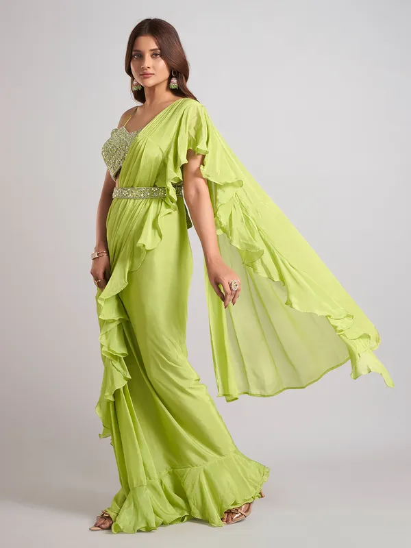 Mint green silk saree with ready made blouse