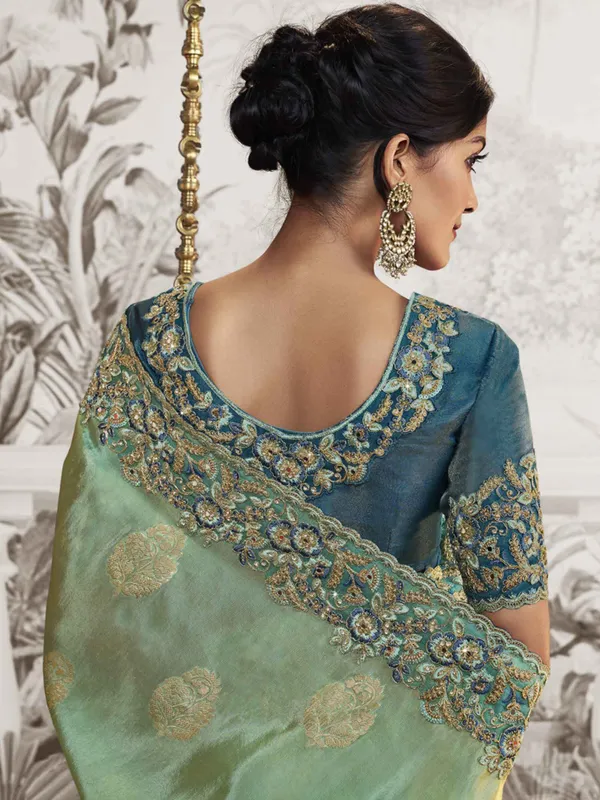 Mint green silk saree with resham work