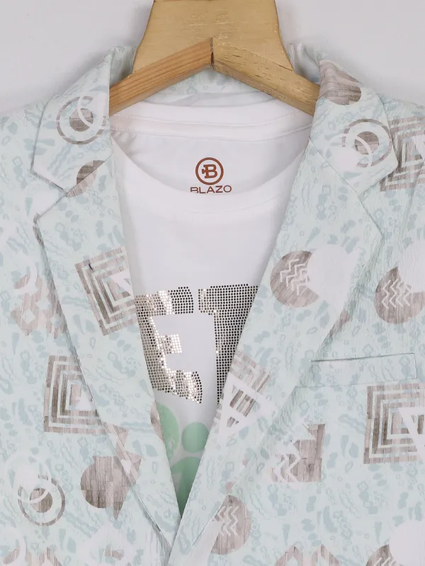 Mint green terry rayon printed blazer