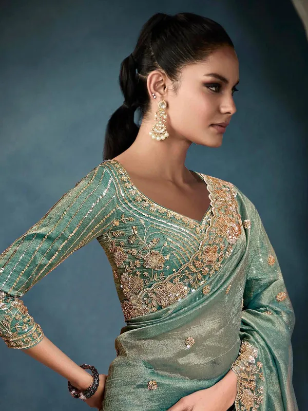 Mint green tissue silk saree for festival