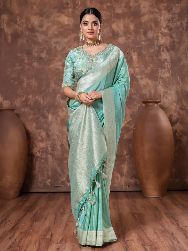Mint green tissue silk saree for wedding