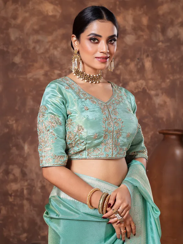Mint green tissue silk saree for wedding
