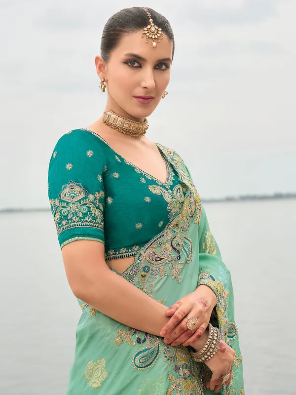 Mint green tissue silk saree with detailing