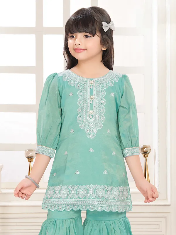 Mint green tissue silk sharara suit with pearl work