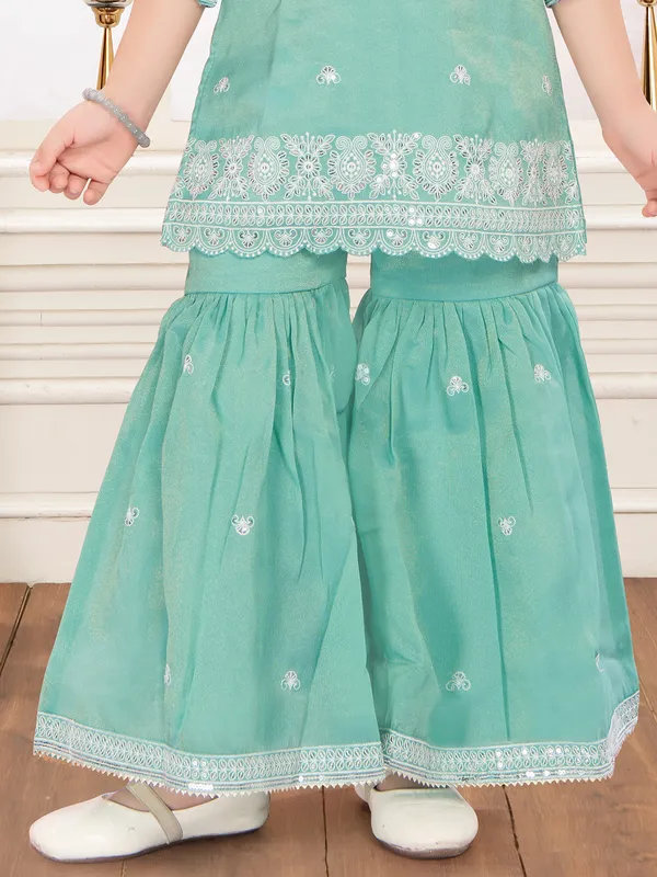 Mint green tissue silk sharara suit with pearl work