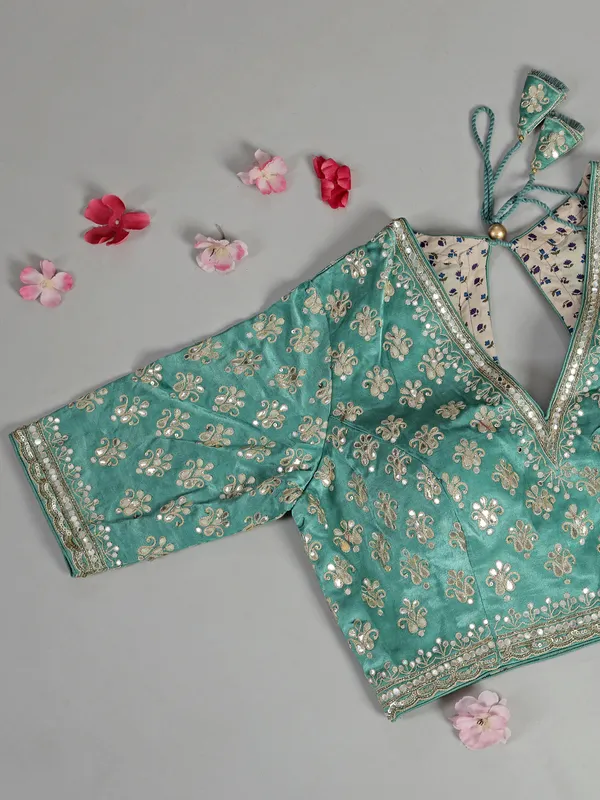 Mint green tusser dola silk saree with heavy work