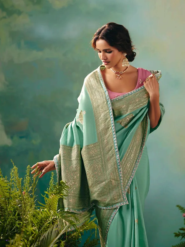 Mint green viscose dola silk wedding wear saree