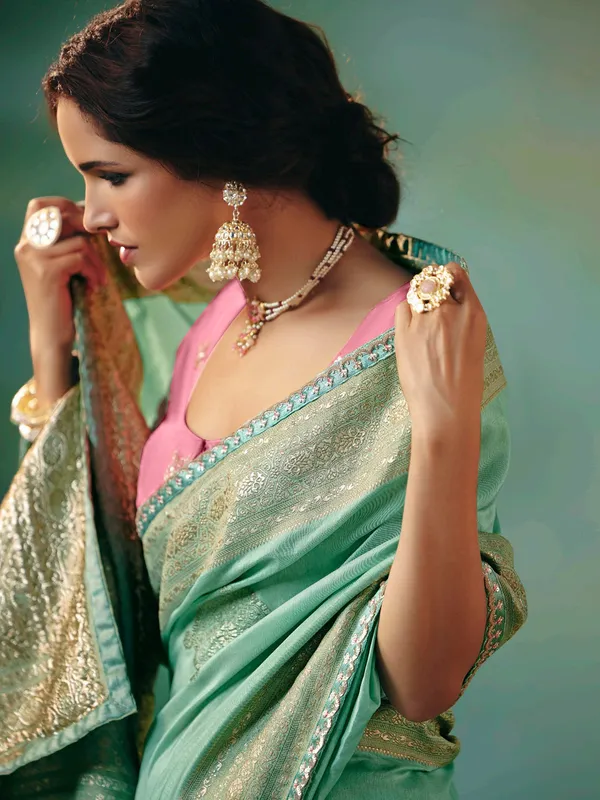 Mint green viscose dola silk wedding wear saree