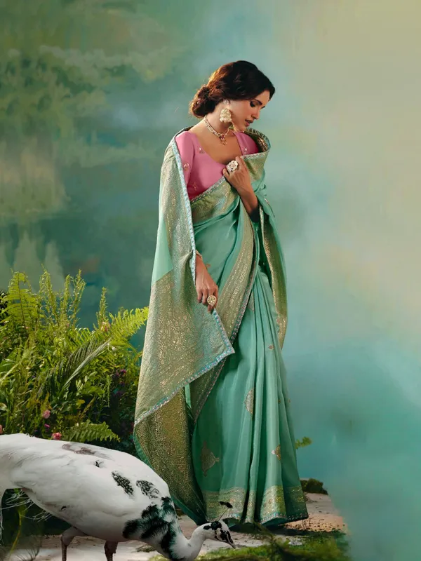 Mint green viscose dola silk wedding wear saree