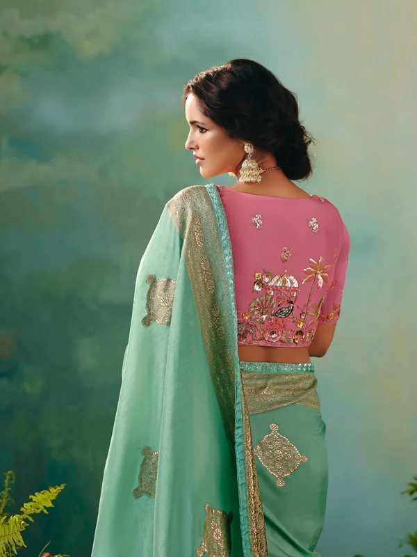 Mint green viscose dola silk wedding wear saree