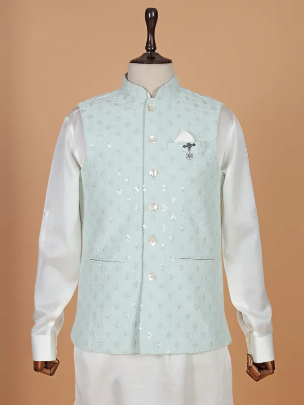 Mint green waistcoat set in cotton silk