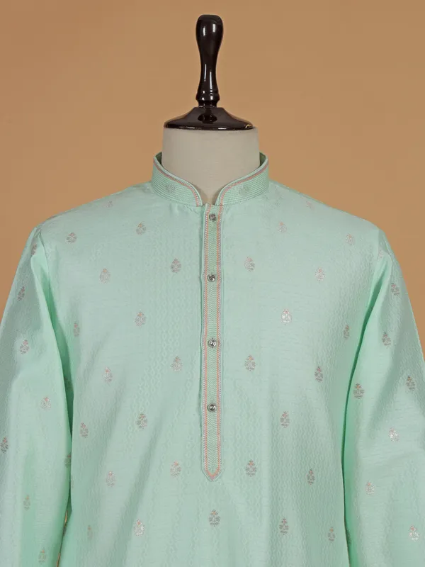 Mint green zari weaved textured kurta suit