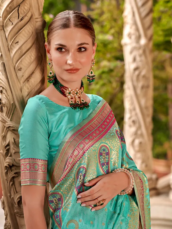 Mint green zari worked silk saree