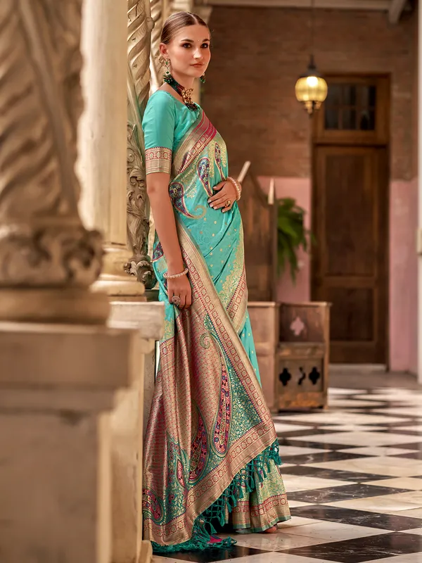 Mint green zari worked silk saree