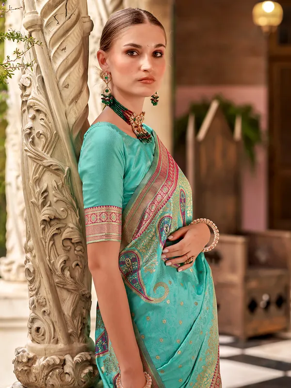 Mint green zari worked silk saree