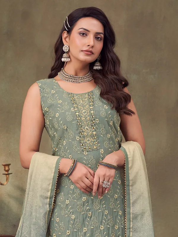 Mint grey embroidered silk suit for rakhi