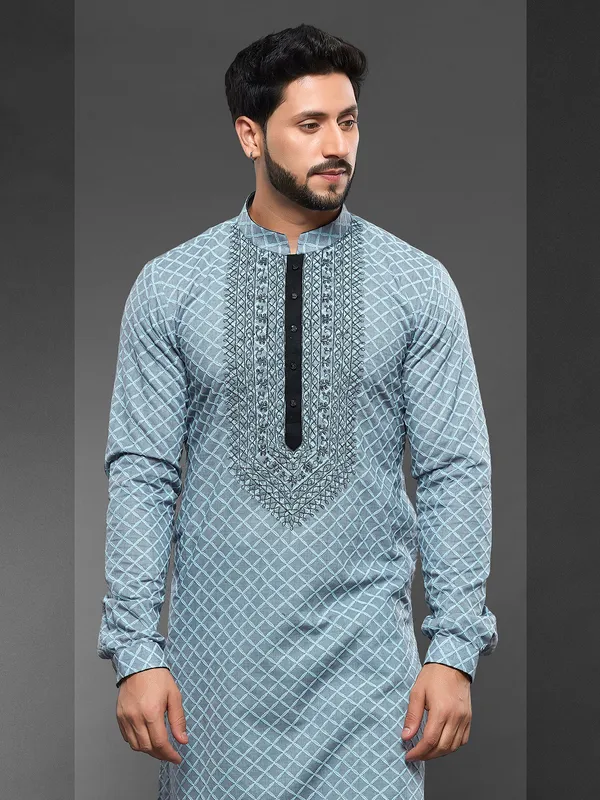 Mismerzing light blue cotton kurta suit for men