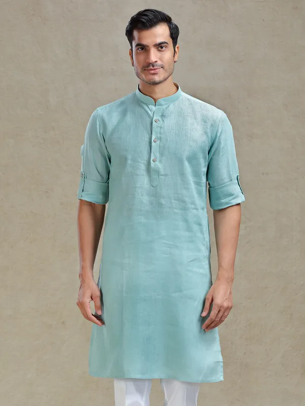 Mist green linen kurta for ethnic look