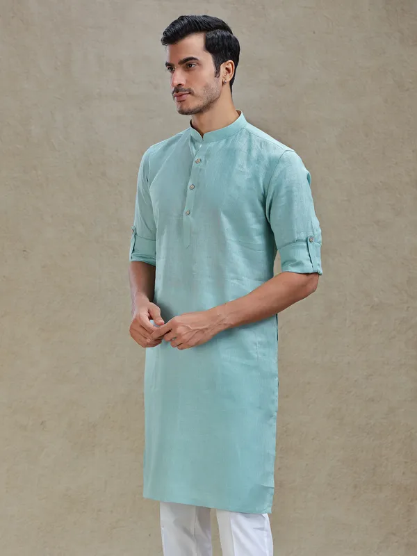 Mist green linen kurta for ethnic look