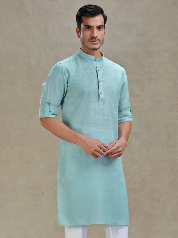 Mist green linen kurta for ethnic look