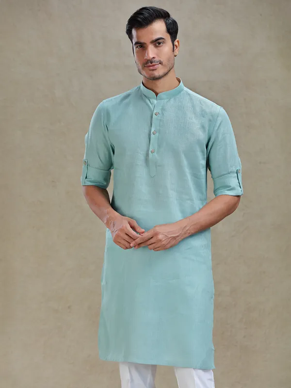 Mist green linen kurta for ethnic look