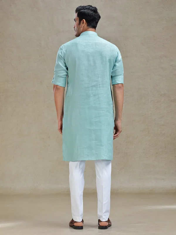 Mist green linen kurta pajama for ethnic look