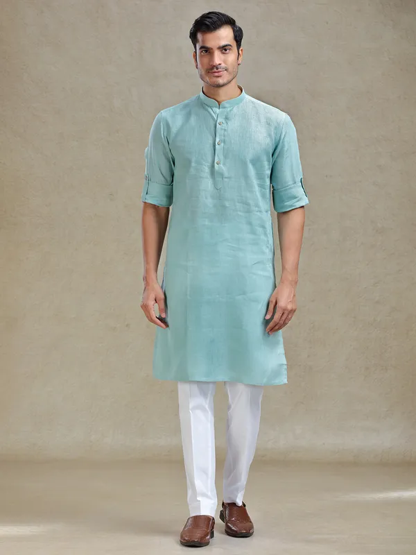 Mist green linen kurta pajama for ethnic look