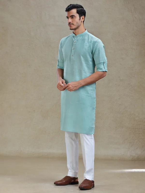 Mist green linen kurta pajama for ethnic look