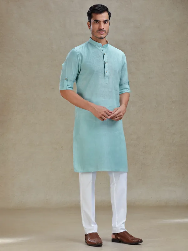Mist green linen kurta pajama for ethnic look