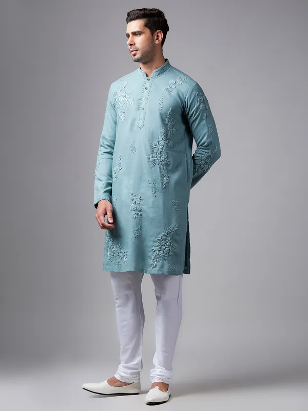 Mint green linen kurta suit with handwork