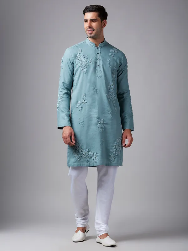 Mint green linen kurta suit with handwork