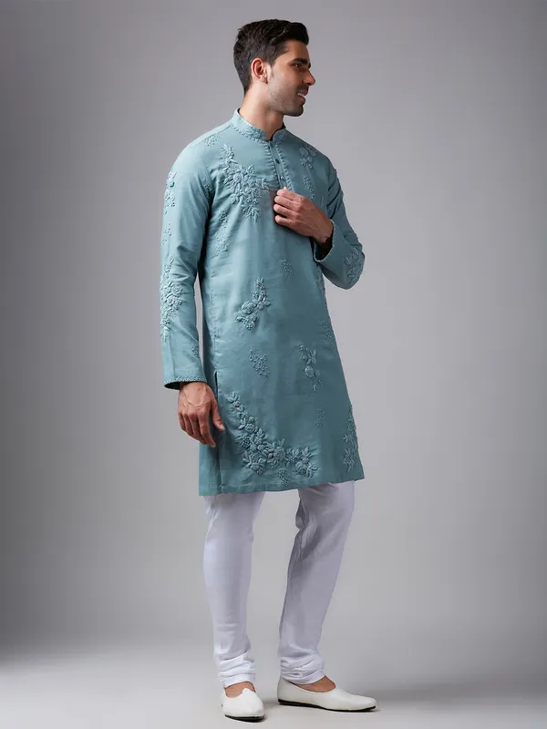 Mint green linen kurta suit with handwork