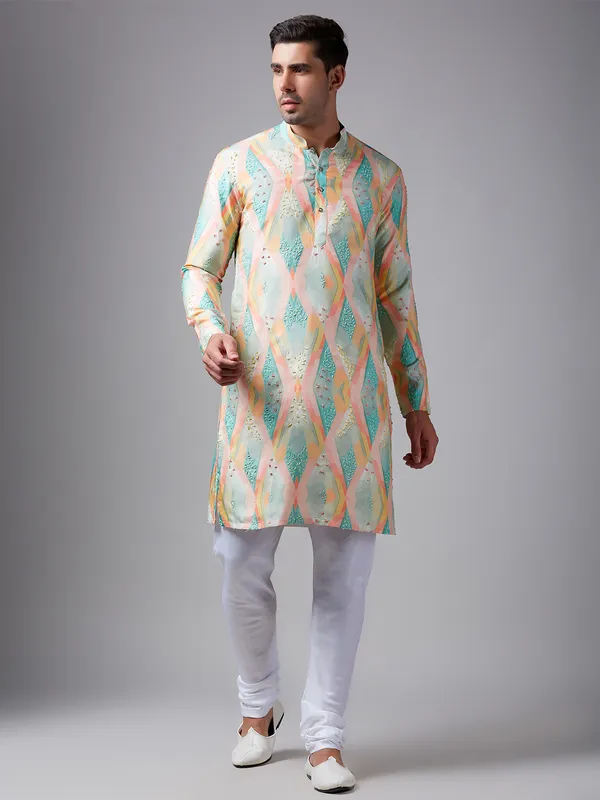 Classy multi color printed silk kurta suit