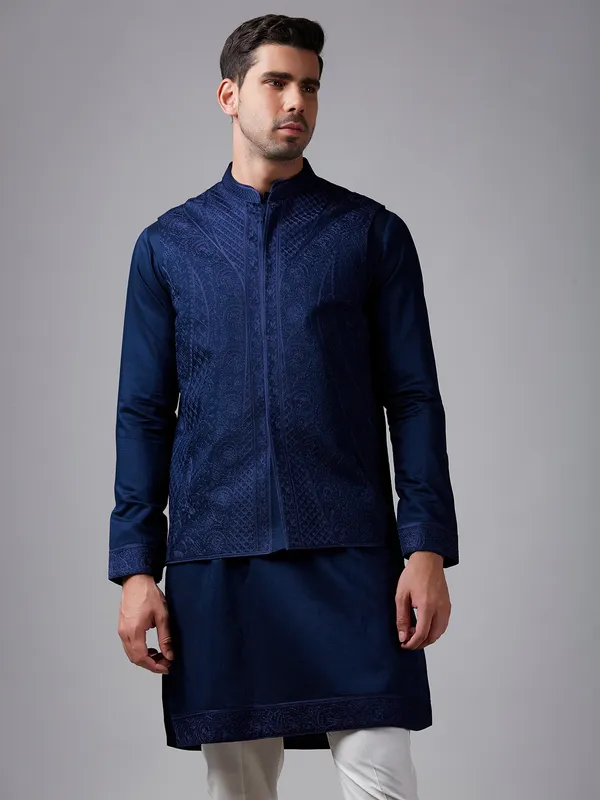 Dashing navy silk embroidery waistcoat set