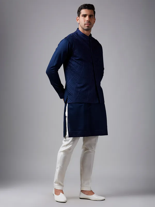 Dashing navy silk embroidery waistcoat set