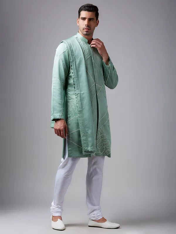 Elegant sea green silk  Men Kurta pajama