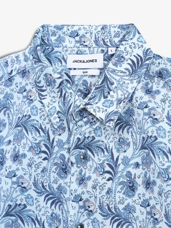 JACK&JONES sky blue printed slim fit shirt