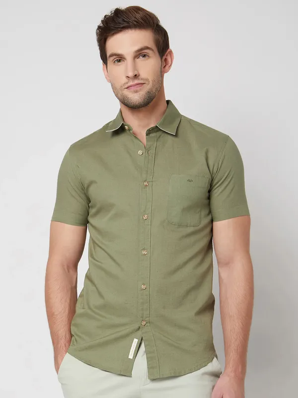 MUFTI olive plain cotton linen shirt