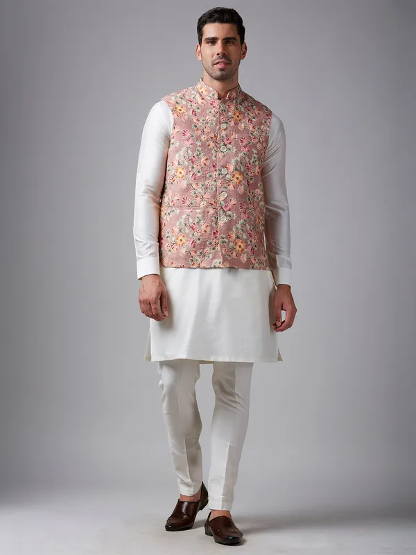 Stunning peach silk embroidery waistcoat set