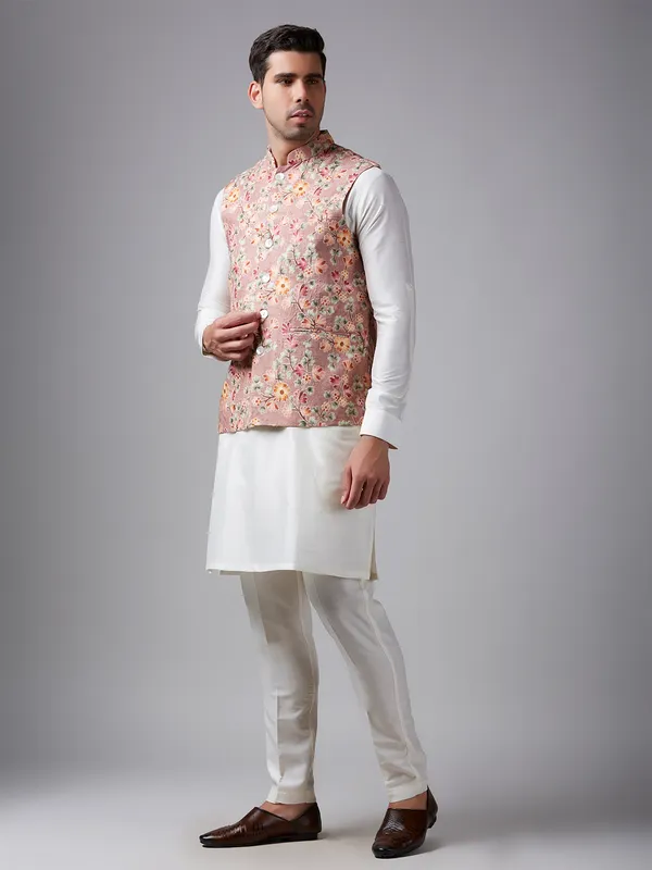 Stunning peach silk embroidery waistcoat set