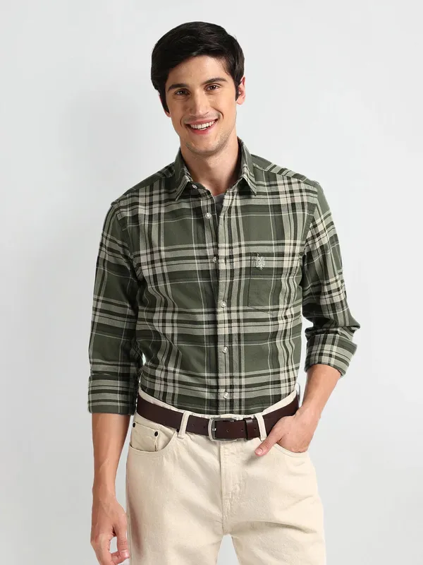 U S POLO ASSN checks olive cotton shirt