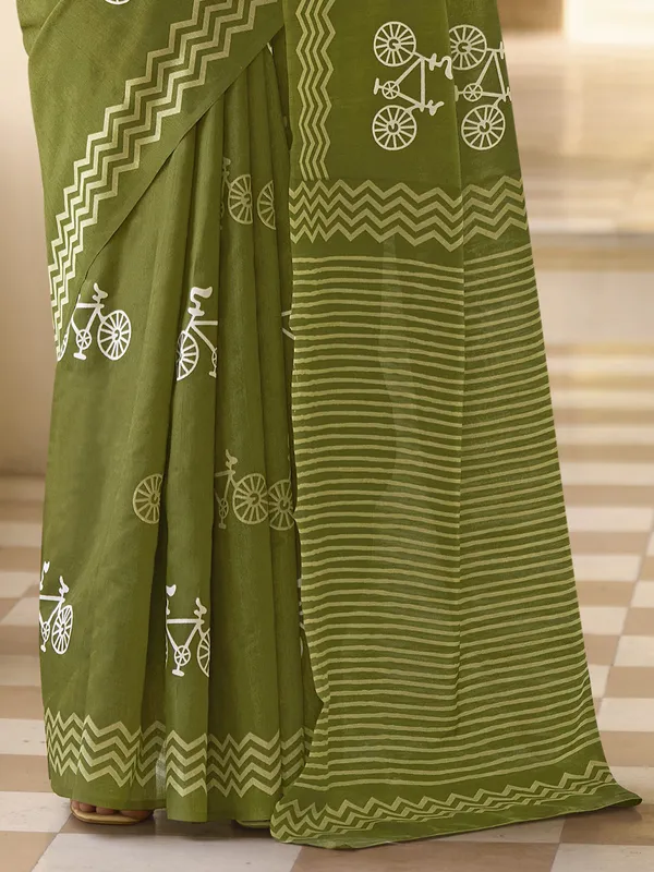 Mocha green printed saree in bhagalpuri silk