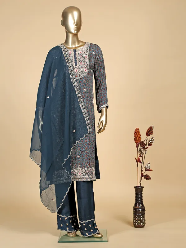 Modal silk printed teal blue salwar suit