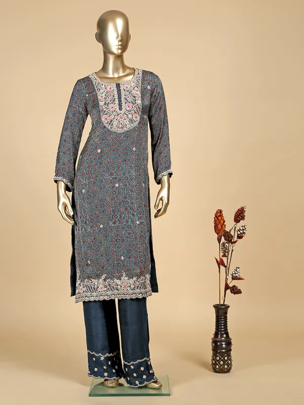 Modal silk printed teal blue salwar suit