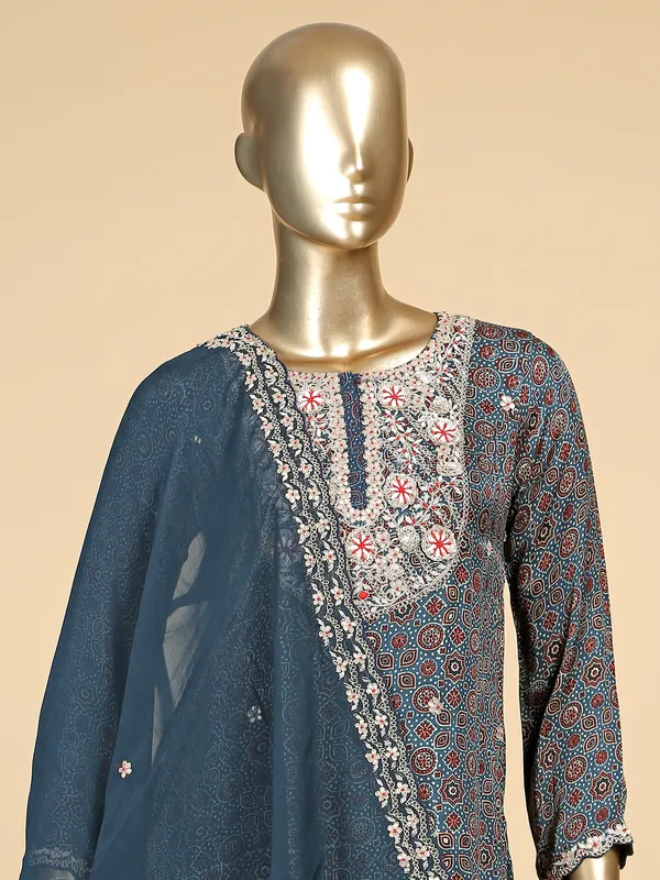 Modal silk printed teal blue salwar suit