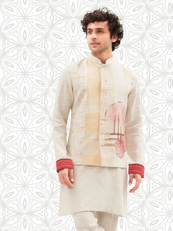Modern cream printed cotton waistcoat set for men