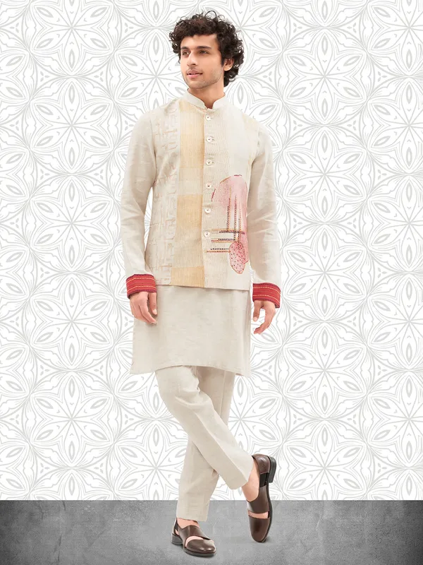 Modern cream printed cotton waistcoat set for men